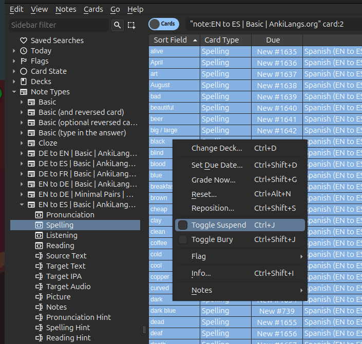 Anki card browser showing filtered Spelling cards selected with right-click context menu displaying the Toggle Suspend option